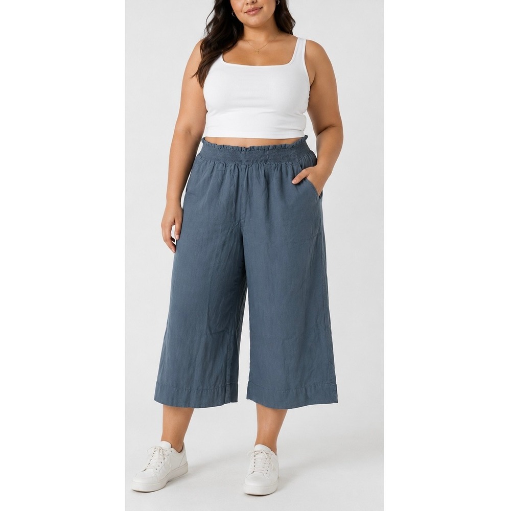 Womens Blue Smocked Waist Wide Leg Linen Blend Cropped Culotte Pants Size-L